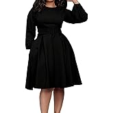 Elainone Women Long Sleeve A Line Dress with Belt Church Wedding Guest Semi Formal Office Dresses