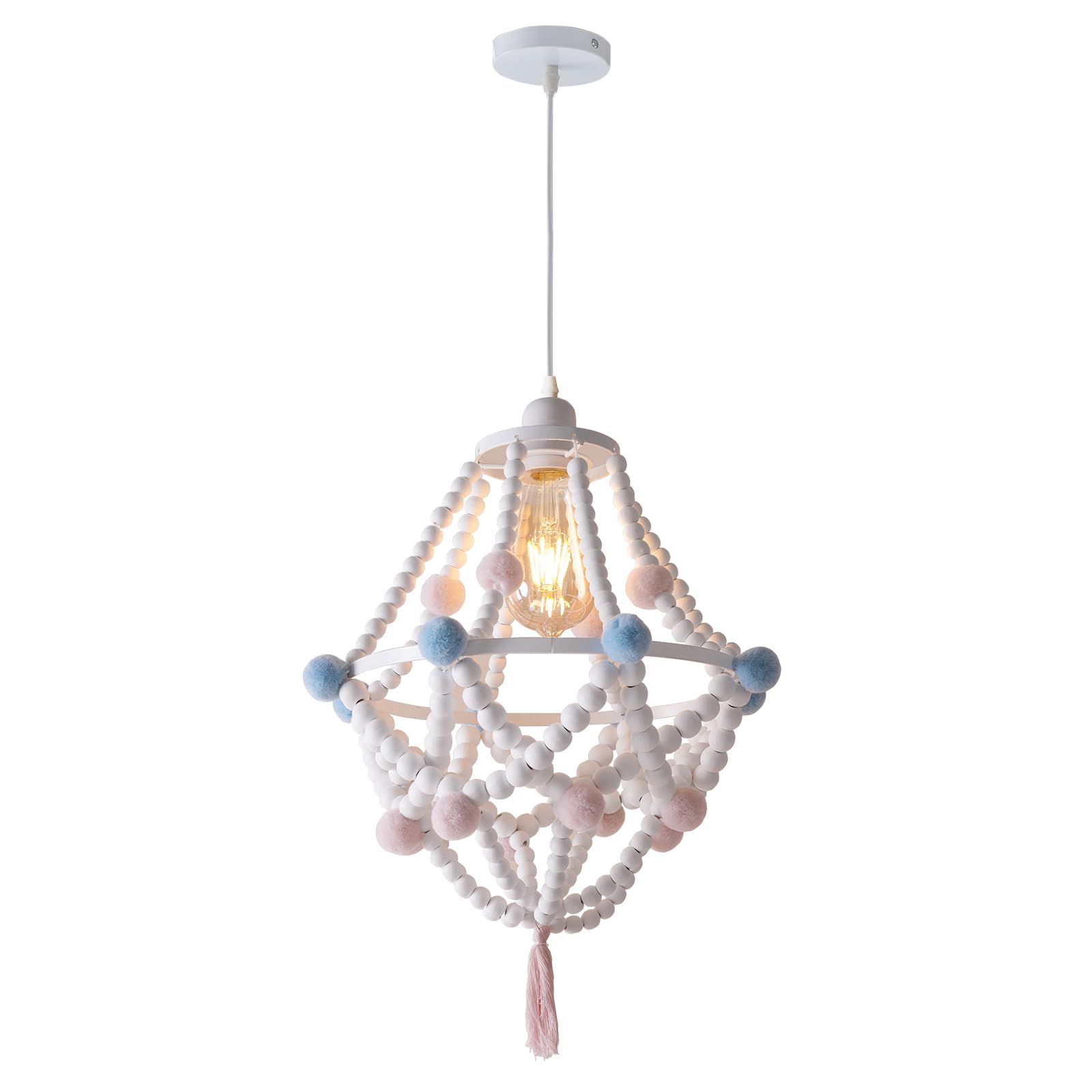 JIAHUA White Pendant Light,Ceiling Light,Twist Wood Chain,White Wood Chandelier with Hanging Coloured Pom Pom and Detailed Tassel-JH62303WH