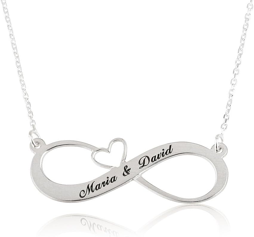 Infinity Name Necklace - Engraved Infinity Necklace with Heart with Any Two Names - Sterling Silver