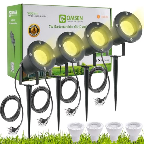 OMSEN Garden Spot Light GU10 7W Warm White 3000K Solid Aluminum Waterproof IP67 Replaceable Bulbs Outdoor LED Spike Spot Light for Garden, Yard, Tree, Lawn, Plants, Pack of 4