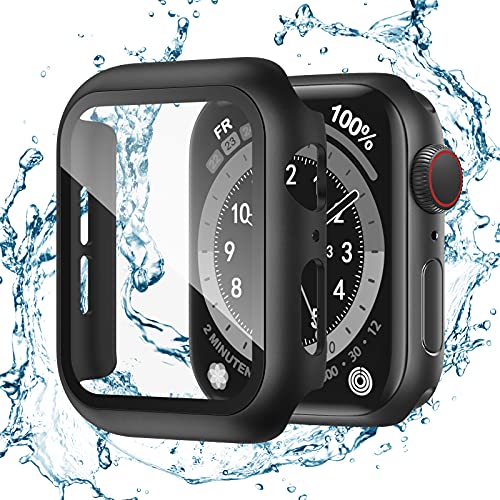 Recoppa for Waterproof Apple Watch Case 44mm Series 6/SE/5/4 with Tempered Glass Screen Protector, Hard PC Ultra-Thin Bumper HD Clear Anti-Fog All Around Protective Cover for iWatch 44mm Black