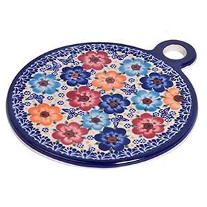Traditional Polish Pottery, Handcrafted Ceramic Cutting and Chopping Board with Handle (Ø 20cm,/ 7.8in), K.102.Meadow