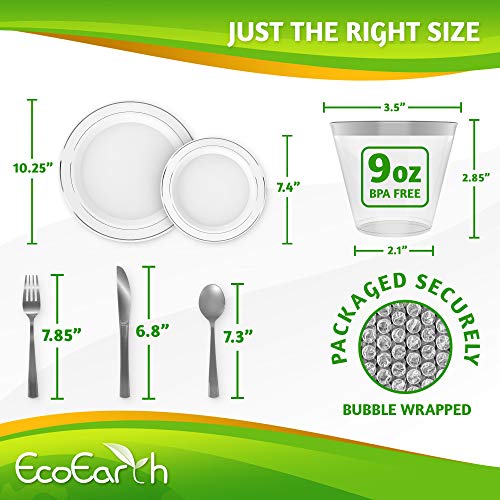 EcoEarth Silver Plates & Plastic Silverware & Gold Cups, Disposable Dinnerware 150 Pieces Includes: 25 Dinner Plates, 25 Dessert Plates, 25 Tumblers, 25 Forks, 25 Knives, 25 Spoons