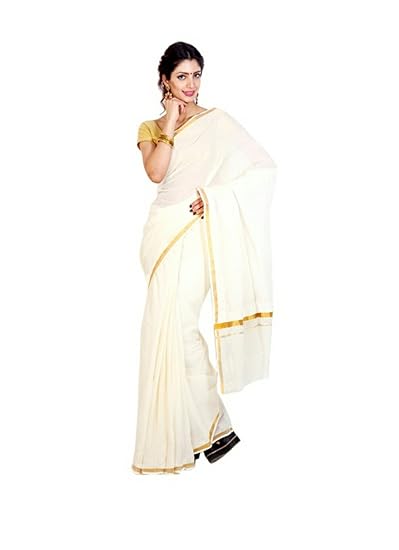 Women's Kasavu Cotton Saree With Running Blouse (RS-2_White)