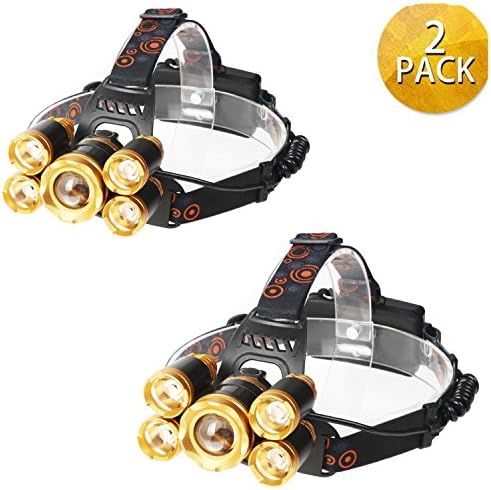 Brightest Led Headlamp Flashlight 8000 Lumens，Waterproof Hard Hat Light，Super Bright 5 LED，IMPROVED LED with Rechargeable Batteries for Camping Biking Hunting Fishing Outdoor(2PC Gold)