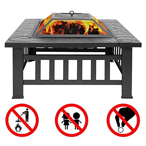Lovinland Outdoor Fire Pit, Metal Patio Stove Square Table Fire Bowel Wood Burning Fireplace with Spark Screen,Poker,Grill