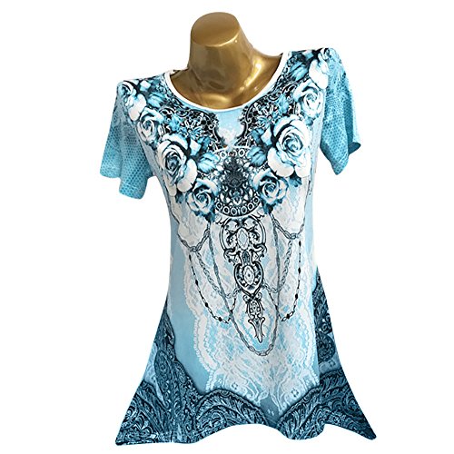 Plus Size Womens Clothing Respctful✿ Casual Short Sleeve T Shirt Boho Floral Print Top Ladies Casual Hem Blouse Blue