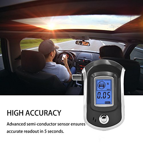 Alcohol Tester, Mouthpieces Personal Breathalyzer Digital Breath Analyzer with Semi-Conductor Sensor, Large Digital LCD Display, Blue Background Light + 5 Pcs Mouthpieces Included