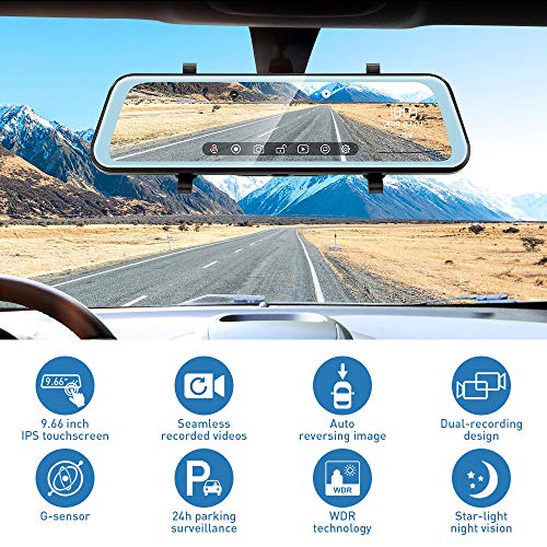 AUTOLOVER Mirror Dash Camera 9.66 inch Backup Camera 1080P Dash Cam Front and Rear Full Touch Screen Rear View Mirror Camera with Loop Recording, Parking Monitor, Night Vision, Waterproof Rear Camera