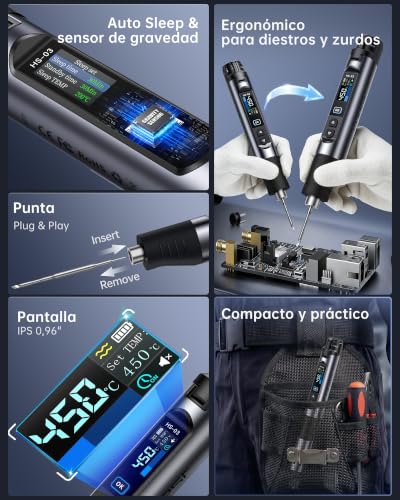 FNIRSI HS-03 Batería Soldador Kit Soldador Inalámbrico con Batería de 2600 mAh, 100-450 °C, calentamiento rápido 3s, 5 niveles de temperatura, pantalla IPS de 0,96 pulgadas, soldador portátil para