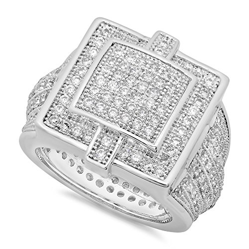 Men's Rhodium Plated Micro-Pave Iced Out Cubic Zirconia Hip Hop Ring, Size 11