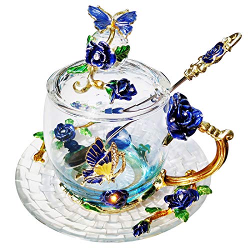 Coffee Mug Blue Teacup with Lid Saucer Christmas Birthday Gift Women Friend Mother's Valentine's Day Rose Butterfly Cup Wedding Anniversary (Blue Short)