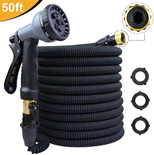KYC 50ft Garden Expandable Water Hose Triple Latex Core 3/4 Solid Brass Fittings Extra Strength Fabric Flexible with Metal 8 Function Spray Nozzle Pressure Washer Car Pets Wash
