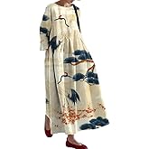 MARSVOVO Vintage Dress for Women Graceful Print Oversized Summer Baggy Flowy A-Line Dress Long Sleeve Dress for Women