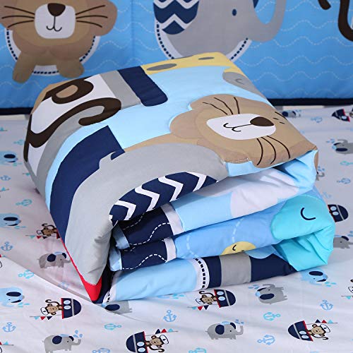 Wowelife Animal Baby Crib Sets Blue 7 Piece Monkey Elephant Lion and Giraffe Crib Bedding Sets Cotton with Bumpers(Sea Journey-7 Piece) - Thumbnail 3