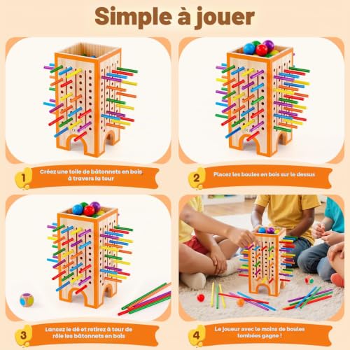 Montessori Game, Children's Games 3, 4, 5, 6 Years, Wooden Board Game with 42 Sticks and 12 Balls, Educational Toy for 3 Years, Fine Motor Skills Games, Family and Travel Games, Gift for Boys and