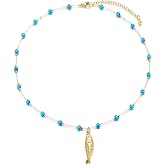Kvekstio Turquoise Beaded Choker Necklace for Women, Gold Fish Pendant Necklace with Gold Chain, Elegant Boho Beach Summer Gift
