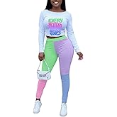 Remelon Womens 2 Piece Pants Set Color Block Sweatsuits Long Sleeve Printed Top Leggings Jogging Tracksuits Workout Sets