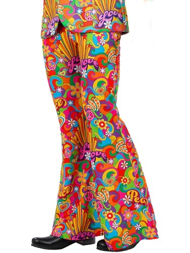 Smiffys Mens Medium Rainbow Peace Flared Trousers 1960s Hippie Fancy Dress Costume Bell Bottom Psychedelic Print, Groovy Love & Peace Design, 60s Parties, Festivals & Pride Events, Medium
