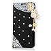S7 Edge Case (Not for S7 Non-Edge),Mavis's Diary 3D Handmade Wallet Flip Cover PU Leather Bling Shiny Diamond Pearls Wooden Love Heart with Cute Balls Tower Pendant for Samsung Galaxy S7 Edge (Black)