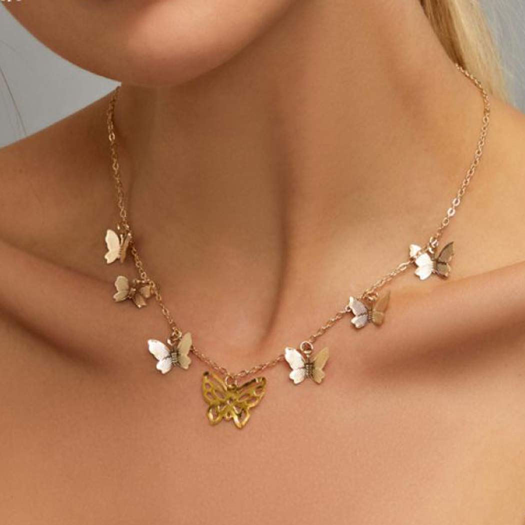 Yienate Necklace For Woman Teens Hollow 7 Butterfly Necklaces Fashionable Simple Pendant Clavicle Chain Charms For Girls (Gold)