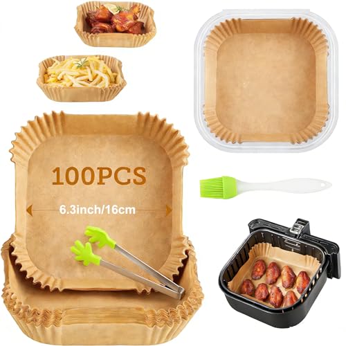 100 Pcs Air Fryer Papers Disposable, Unbleached Parchment Paper for Air Fryer, Non-Stick and Oil Proof for Easy Cleanup, 6.3inch/16cm, Square
