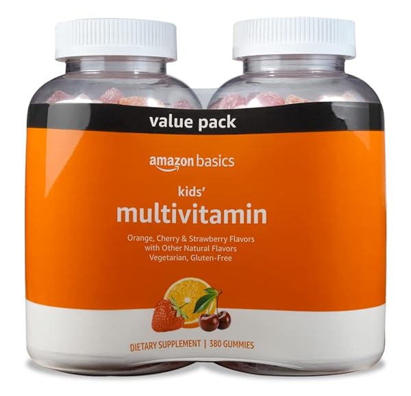 AMAZON BASICS KIDS’ MULTIVITAMIN GUMMIES, CHERRY, STRAWBERRY & ORANGE FLAVORS, 380 COUNT, 2 PACKS OF 190 (PREVIOUSLY SOLIMO)