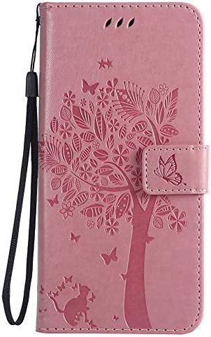 Huawei Y9 2019 Case,Ngift Flip Wallet Leather [Kickstand] [Cats and Tree] Magnetic Protective Cover with Card Slots Detachable Wrist Strap for Huawei Y9 2019 (6.5") [Pink]