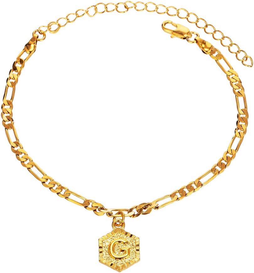 18k Gold Plated 4mm Figaro Chain Initial Anklet for Women Fashion Ankle Bracelet with Letter Alphabet Foot Jewelry with Extension