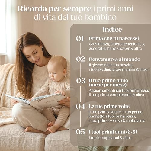 Wellode Birth Album Child Up to 5 Years Old – 76 Pages with Gold Stickers – Baby Birth Book – Album Memories Newborn – Gift Idea for Birth and Baby Shower, Neutral Gender