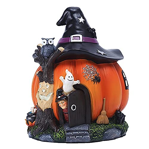 zalati Statue Pumpkin House Resin Décor with Witch Hats, Orange Pumpkin Fairy House for Halloween Miniature Garden Home Decor