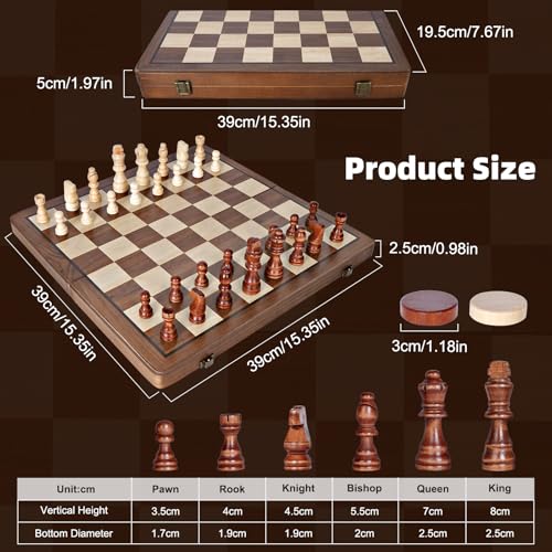 Wooden Chess Board, 2 in 1 Magnetic Chess Board, 39 x 39 cm, Professional Folding Portable Chess Board and Magnetic Checkerboard with Storage Bag, Checkers for Children and Adults Parties