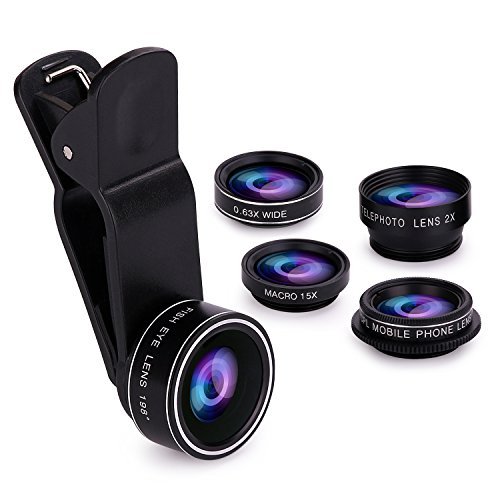 GODEFA 5 in 1 HD Cell Phone Lens Kits 198° Fisheye Lens/0.63X Wide Angle Lens/15x Macro Lens/2X Telephoto Lens/CPL Telephoto Lens for iPhone X/8/7/6/6s/6plus/5/4 Samsung and most Smartphone