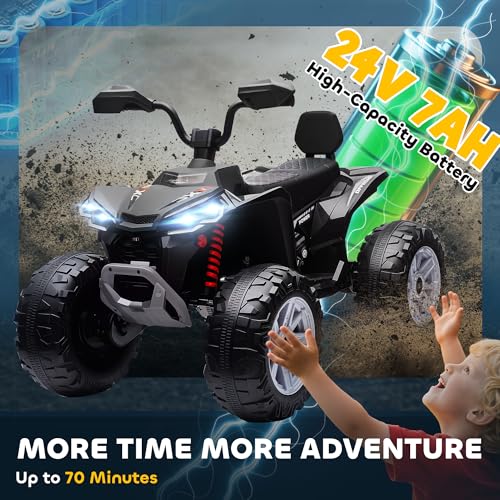 Qaba 24V Kids ATV, 2-Seater Ride On Car for Kids, Battery Powered Electric Quad with 4 Suspension Wheels, High/Low Speeds, Music, Headlights, for Boys and Girls, Black