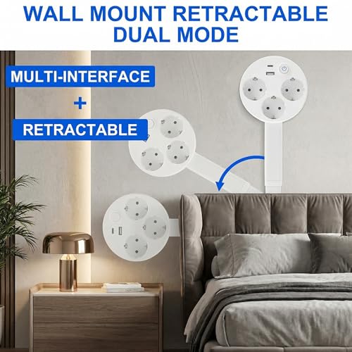 Regleta con barra de extensión extensible, 3 enchufes retráctiles con USB C y USB A para mesa, oficina, cocina, escritorio regulable en altura