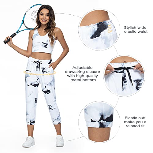 Joggers for Women Sweatpants-Elastic Waist Comfy Lounge Workout Sport Yoga Pants with Pockets(Splash-Ink White S)