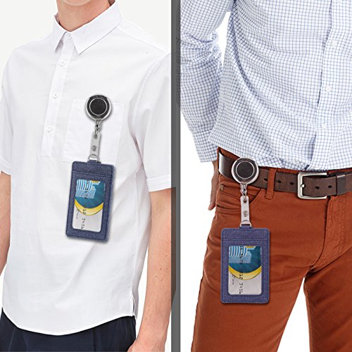 ID Badge Holders with 1 ID Window and 2 Card Slot with Detachable Reel Type Neck Lanyards & Reel Clip 2-Sided Vertical PU Leather Employee Certificate Pass Case Name Holder(Blue) - Thumbnail 7