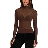 NODHUT Women's Mesh Sheer Long Sleeve Tops Sexy See Through Mock Neck Going Out Shirts