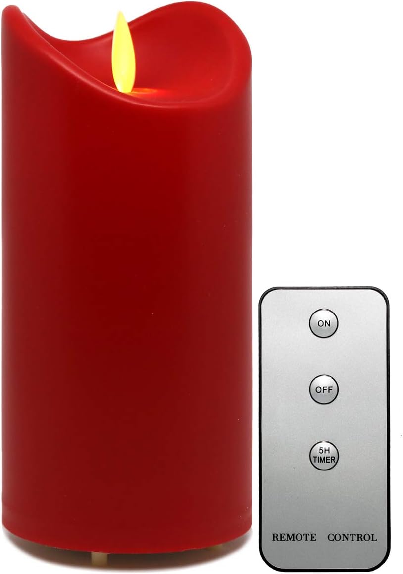 TRONJE LED 6" Outdoor Candle with Timer and Remote, Flameless 15cm Pillar Candle in Red, Moving Flame, Battery Operated