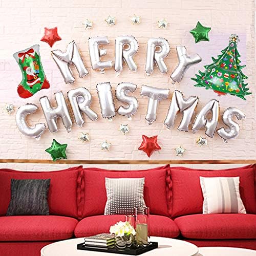 Merry Christmas Balloons Decorations Kit Party Pupplies 16Pcs- 1 Silver Letters Foil Aluminum Banner, 40in Green and Red Xmas Tree 20in Xmas Socks Stocking with Senta Clause & Additional Package Bag