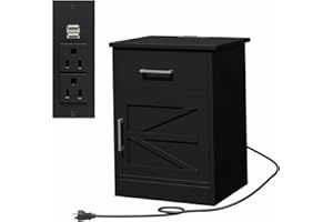 Reettic Nightstand with Charging Station and USB Ports & Power Outlets, Side Table with Drawer and Storage Cabinet, Sofa End Table for Bedroom, Office, Black RCTG106BE