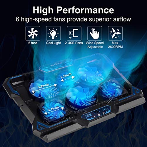 KEYNICE Laptop Cooling Pad, Notebook Cooler with 6 Quiet Fan, Dual USB Port, 5 Wind Speed Adjustable, Blue LED Light, Fit 12"-17" Computer, Portable Cooler Pad with LCD Screen, Gaming Laptop Cooler - Thumbnail 2