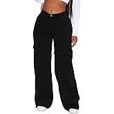 Fablinic Women Black Camo Straight Leg Mid Elastic Waisted Relaxed Fit Cargo Pants for Dance Streetwear