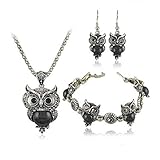 START Black Owl Jewelry Sets Necklace + Ring + 1 Pair Earrings 3-Pieces