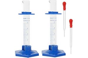 KIGITIK 2Pcs 5ml Graduated Cylinder, Thick Glass Measuring Cylinder, with Anti-Falling Plastic Base and Bumper Guards, for Science Laboratory Measuring Liquid, Bring 2 droppers