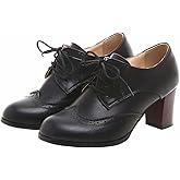 SHEMEE Women's Chunky High Heels Wingtip Oxfords Round Toe Lace Up Stacked Block Heel Vintage Brogues Pumps Shoes