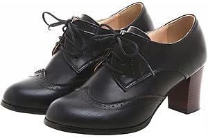 SHEMEE Women's Chunky High Heels Wingtip Oxfords Round Toe Lace Up Stacked Block Heel Vintage Brogues Pumps Shoes