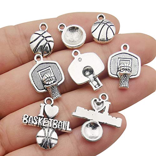 Youdiyla 75 Basketball Charms Collection, Bulk I Love Basketball Basketball Hoop Ball Frame Fitness Sport Charms Metal Pendant Craft Supplies Findings for Necklace and Bracelet Jewelry Making HM324