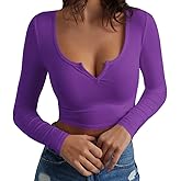 Artfish Women's Long Sleeve Scoop Neck V Notch Ribbed Slim Fitted Casual Basic Crop Top
