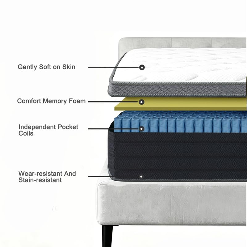 Queen Size Mattress in a Box, 10 Inch 60x80 Inch Pocket Coil Mattress, Soft Hotel Standard Queen Bed Mattress, Quiet Supportive Mattress for Bedroom Guest Room